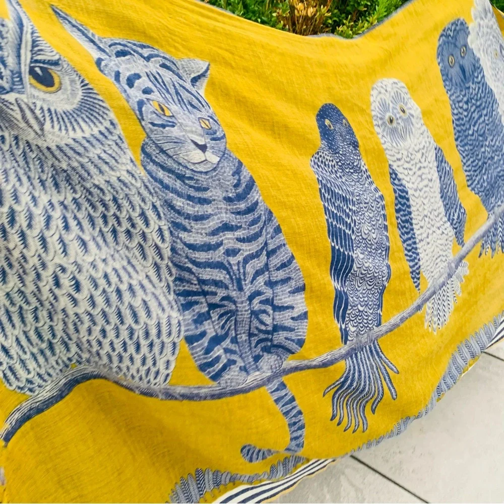 Inouïtoosh Wool Mustard Owl Cat Fringed Blanket Scarf Dupatta